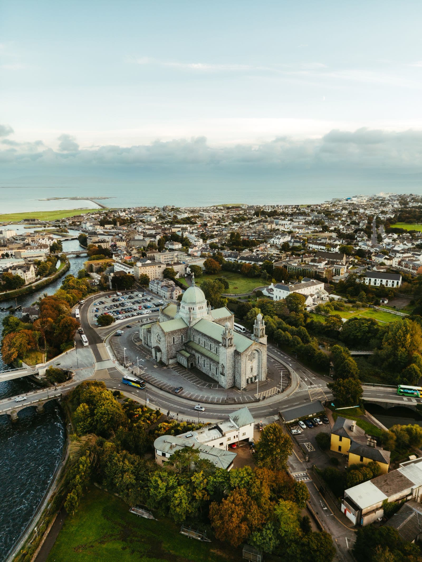 Aerial view of Galway city with the cathedral and River Corrib